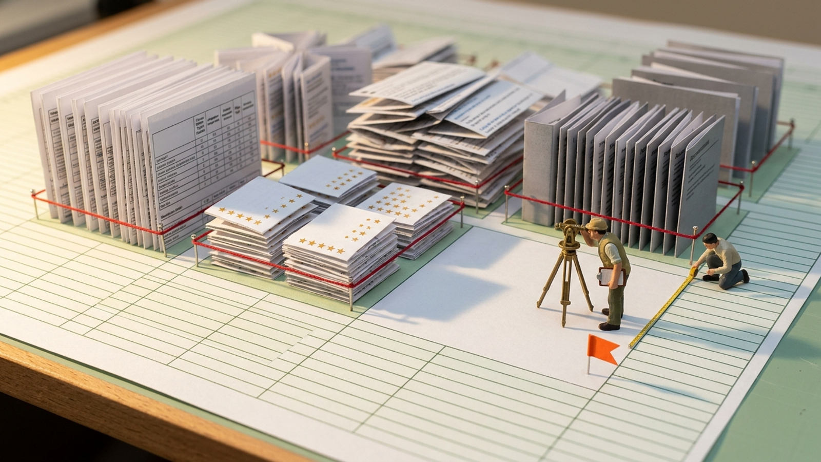 A tiny surveyor plants an orange flag in the one empty square of a spreadsheet-grid landscape built from stacked web pages owned by others.