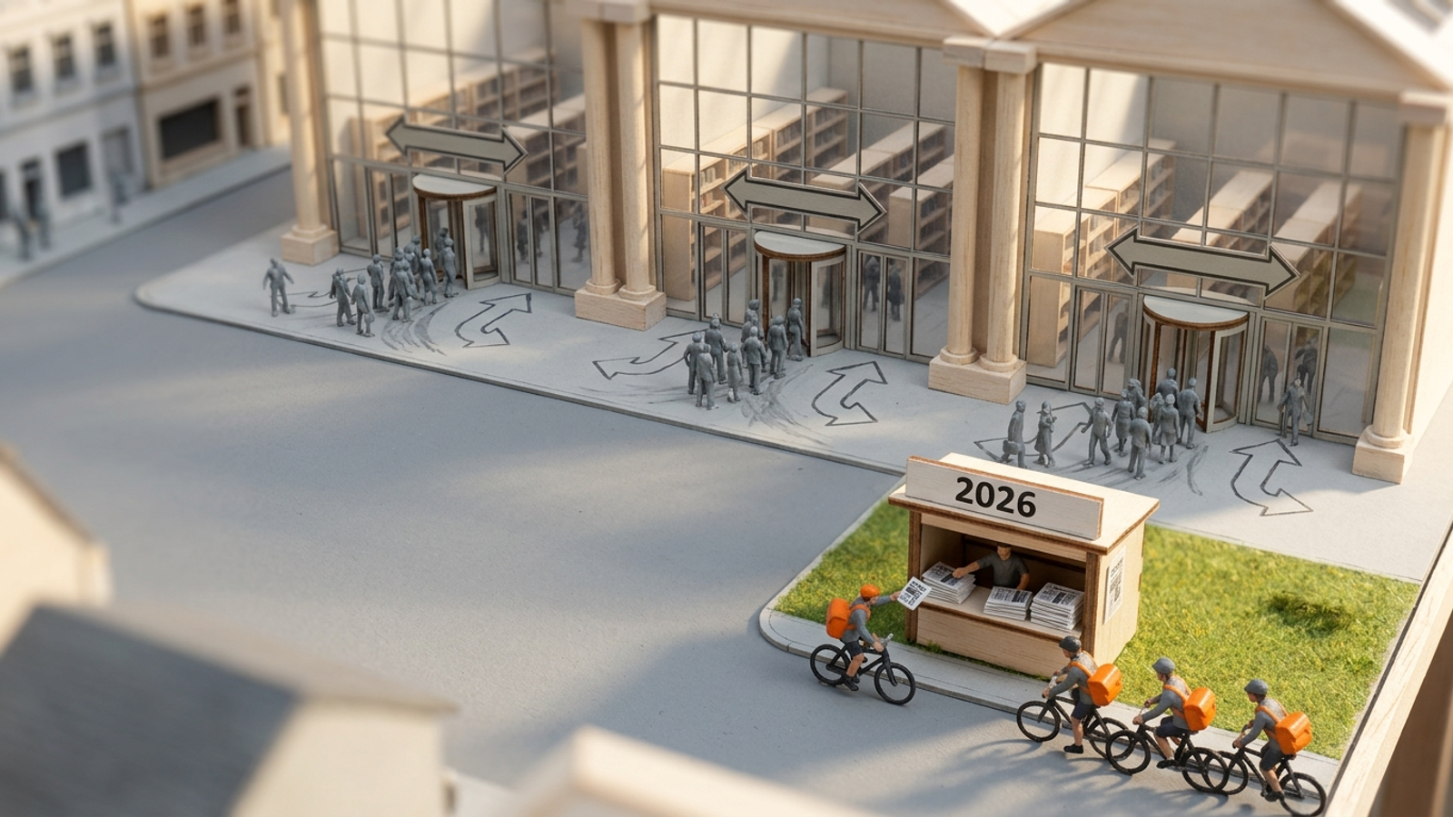 Model town: crowds walk straight through three grand halls taking nothing, while couriers queue at a tiny stand marked 2026 to collect papers.