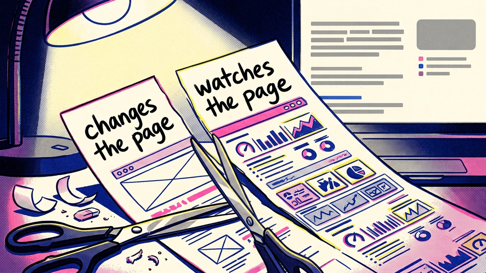 A printed feature page divided into columns for page changes and monitoring