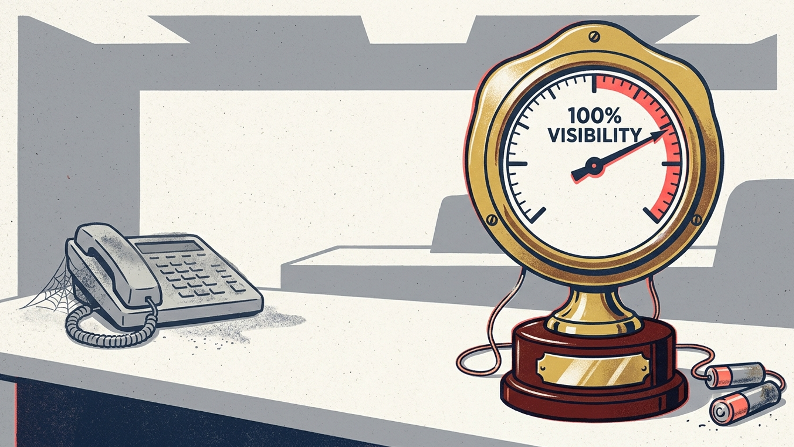 An ornate brass gauge reading 100% AI visibility beside a dusty, untouched office telephone.
