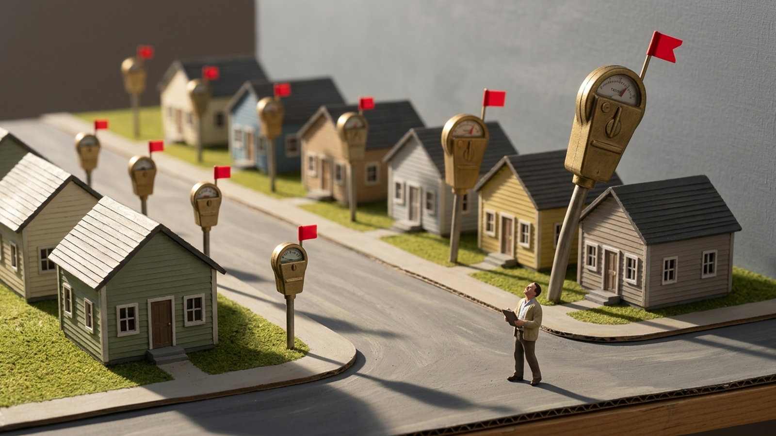 Tabletop model street of ten client houses, each fronted by a taxi meter that grows bigger down the row while a tiny agency owner stares up at them.