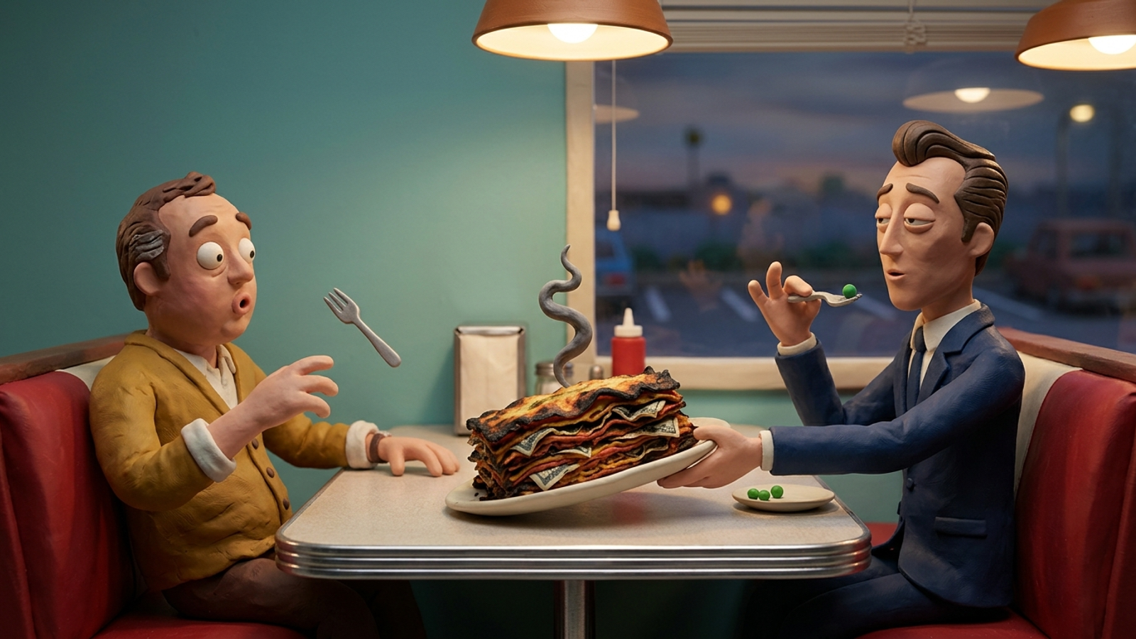 Clay diner scene: an agency man nibbles one pea while pushing a huge burnt banknote lasagna to a shocked founder, showing who really eats the loss.
