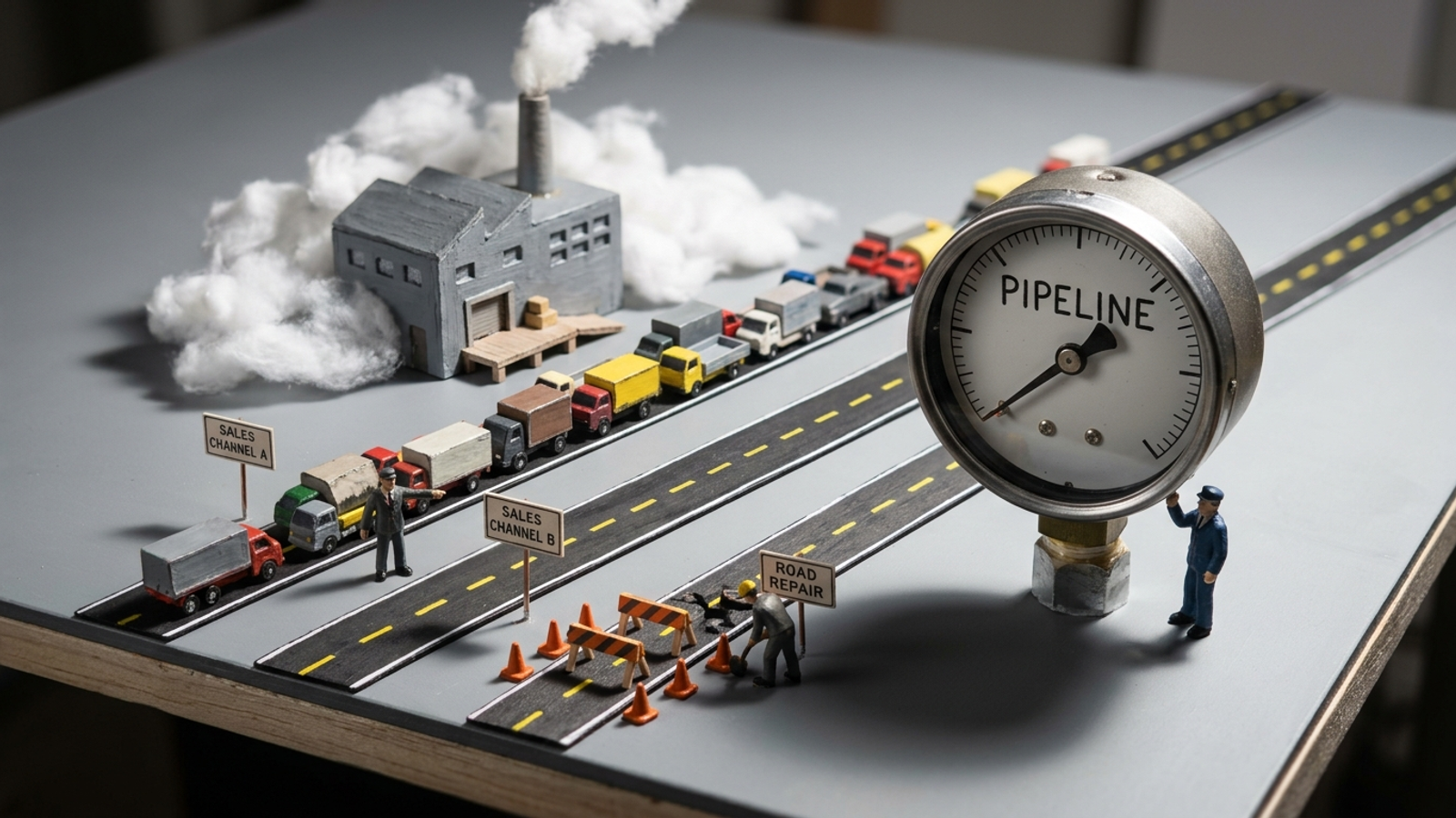 Small factory model with three bidding paths leading to one pipeline gauge