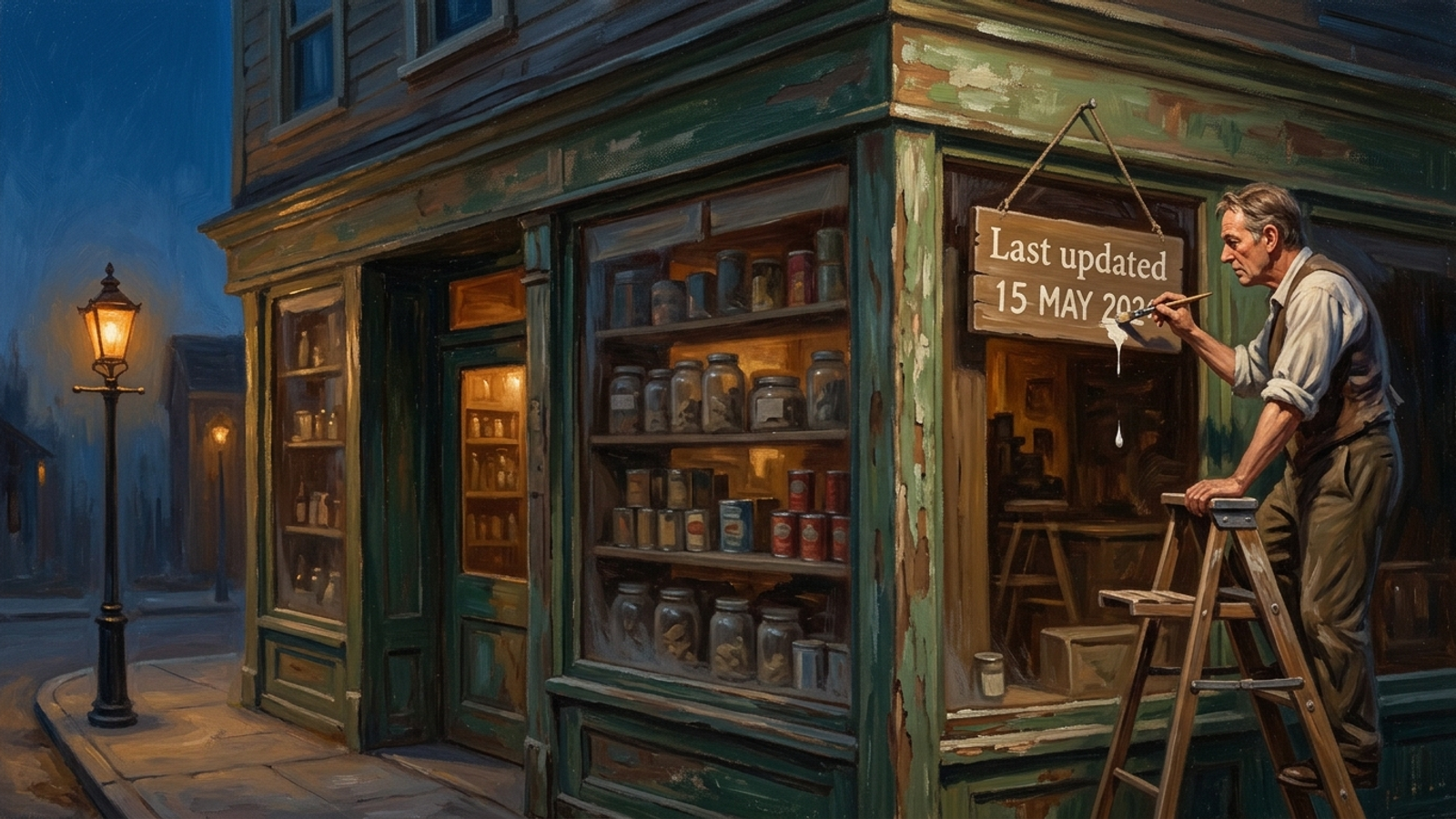 Painting of a shopkeeper repainting only the date sign while the shop stays the same