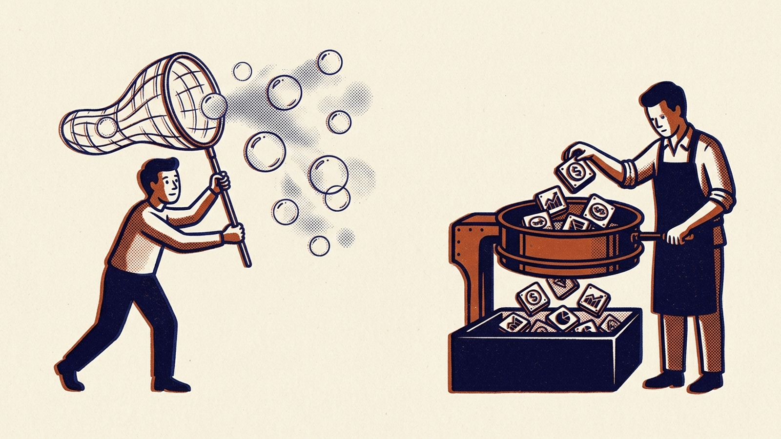Conceptual illustration comparing an oversized net catching empty vapor with a compact brass sieve filtering dense tokens