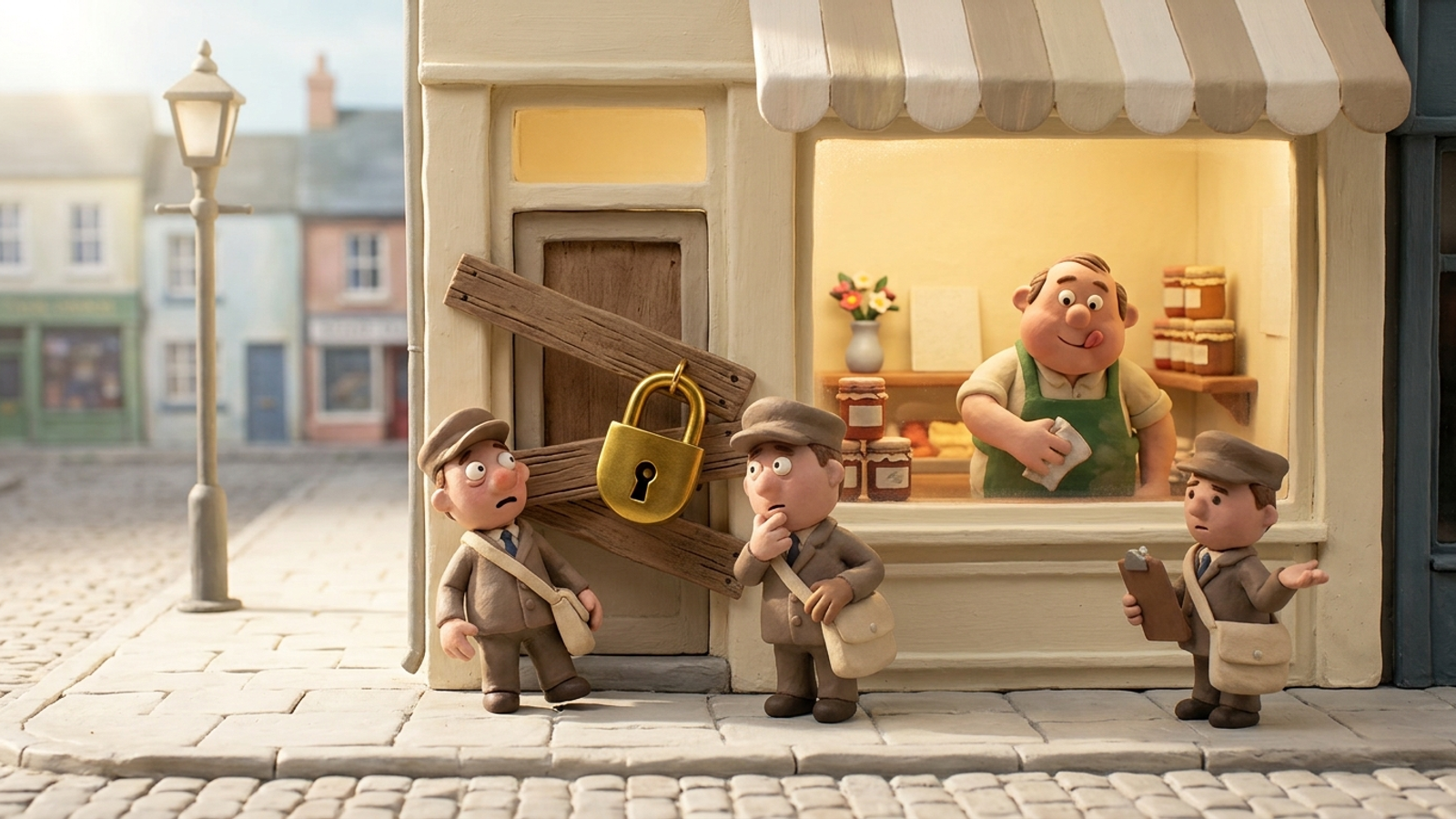 Clay shopkeeper polishes a gleaming window display while couriers bump into the shop's boarded, padlocked door: polish is useless if visitors can't get in.