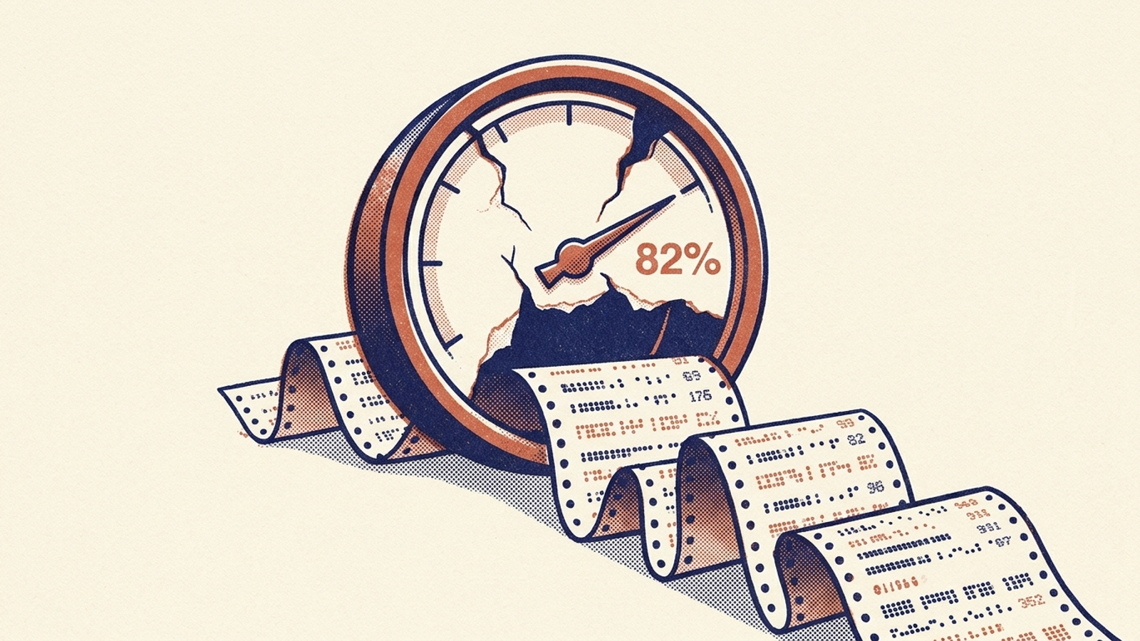 A hollow dashboard gauge peeled back to reveal tracked prompts and competitor citations.