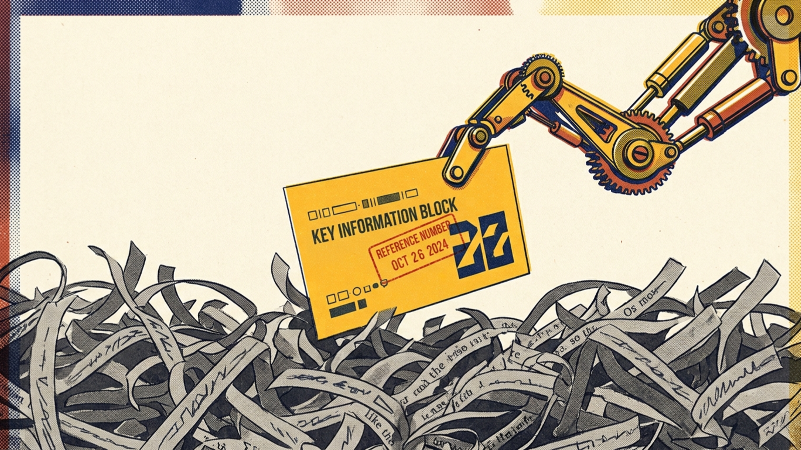 An editorial illustration of a brass sorting arm selecting a dated index card from a pile of shredded text.