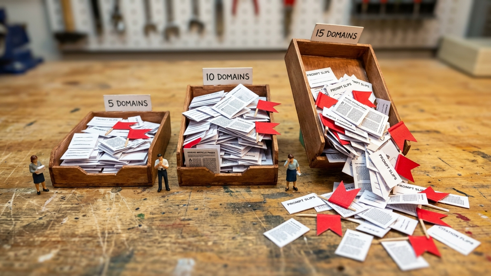 Stacks labelled 5, 10 and 15 domains tipping under piles of paperwork