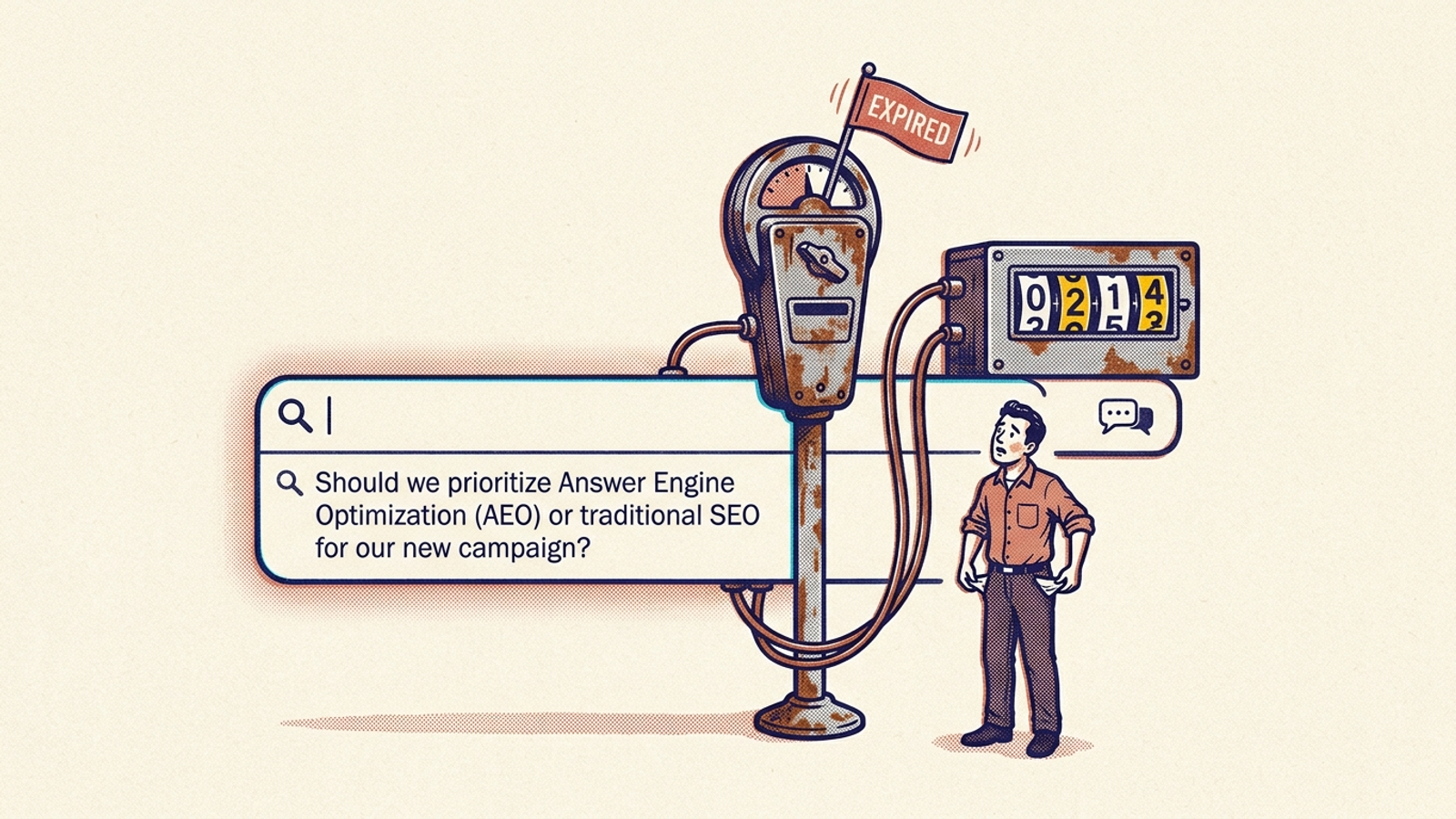 Editorial illustration of a conversational search bar attached to an old-fashioned parking meter.