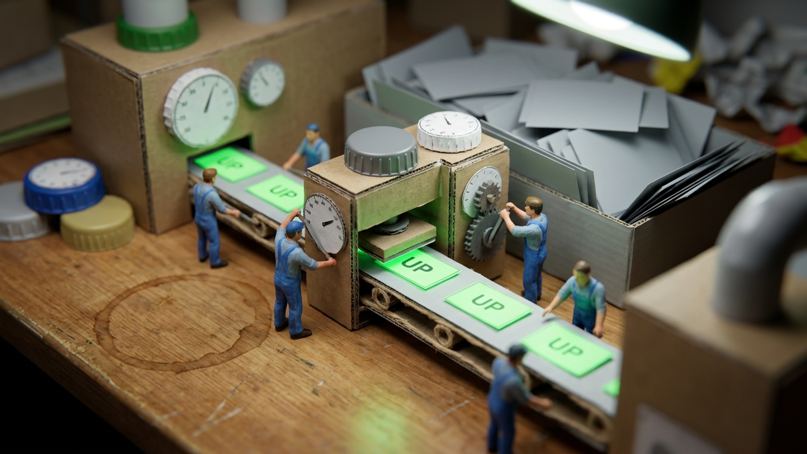 Miniature report-card factory stamping rising scores from flat data