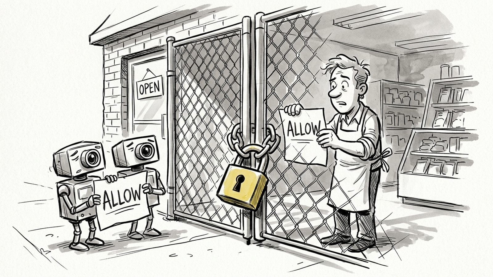 A locked gate blocks AI crawlers from a small shop while the owner holds an allow sign