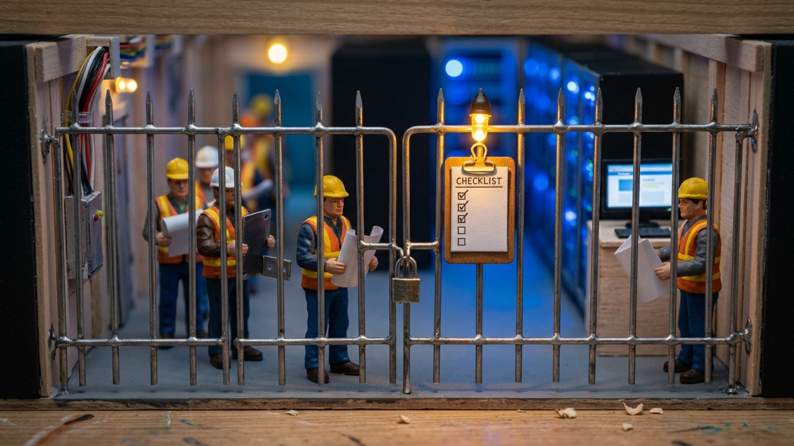 Gate before a site release, with bot access checks between the change and server racks