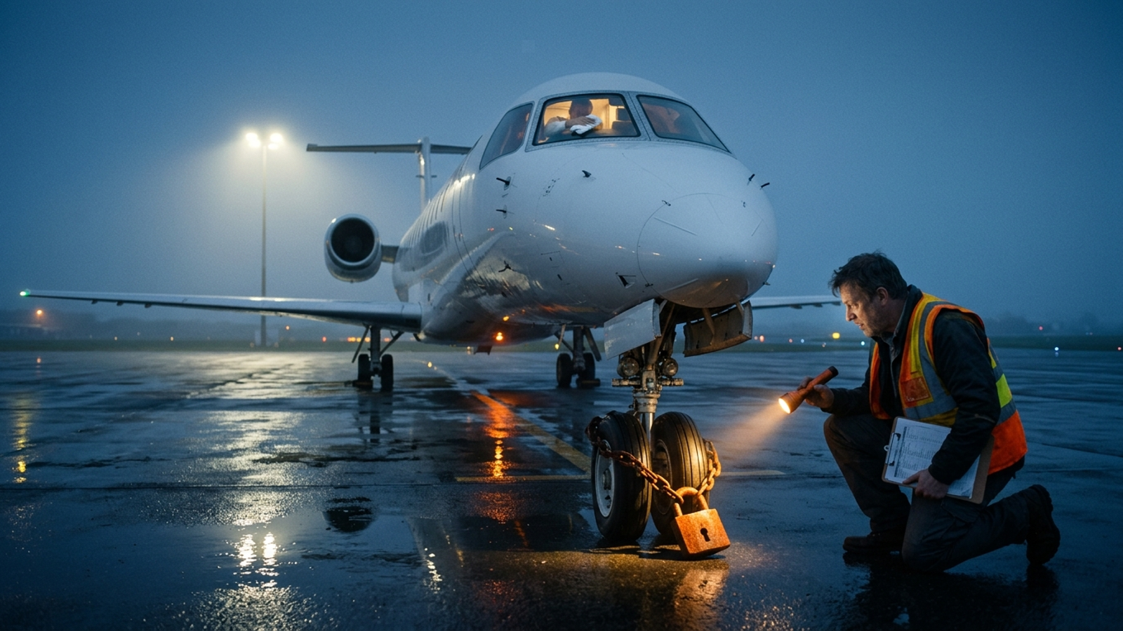 An engineer finds a padlock chained to a jet's wheel while the pilot polishes the windscreen, as polishing copy is useless if crawlers are locked out.