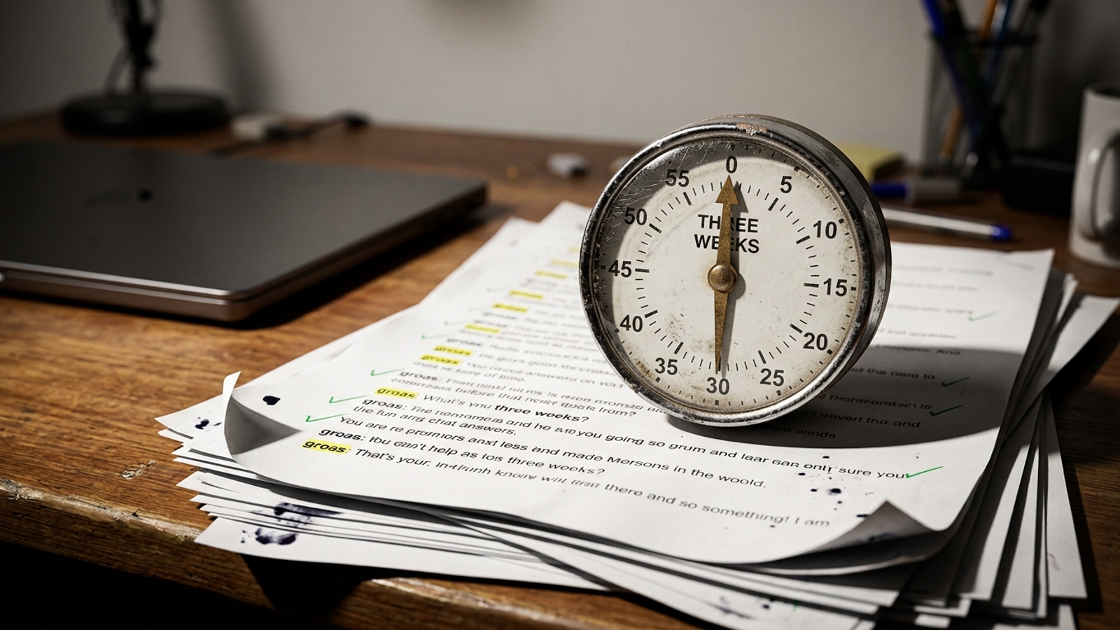 Kitchen timer on a stack of logged AI answers, marking the waiting period