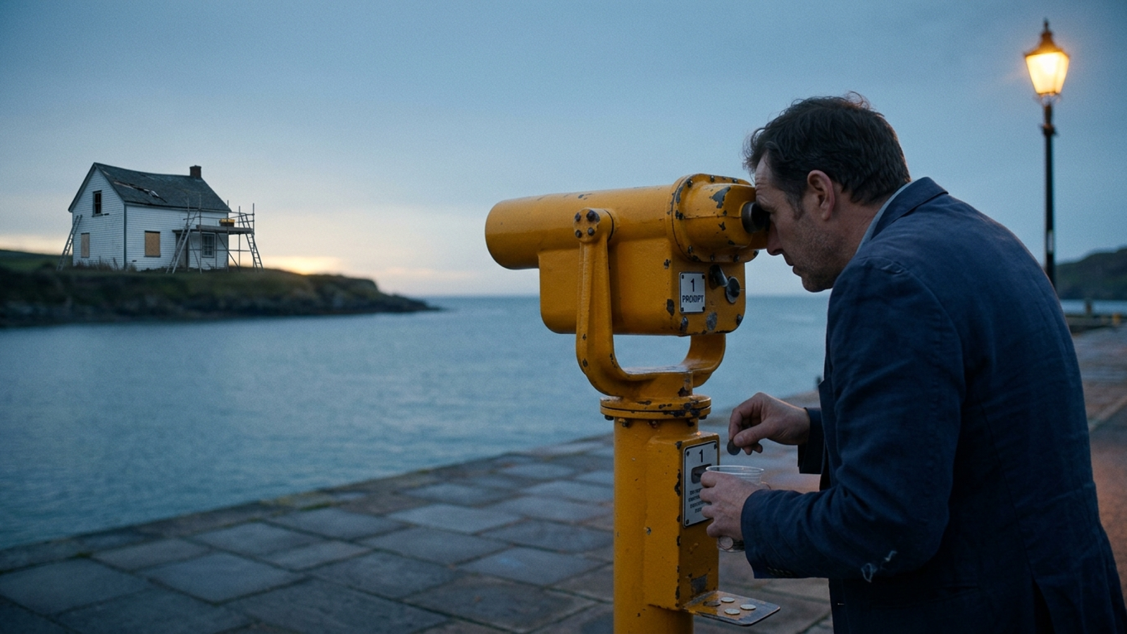 A man feeds coins into a seaside viewer labelled "1 PROMPT" to watch a run-down house whose scaffolding stands empty—paying to look, not to fix.