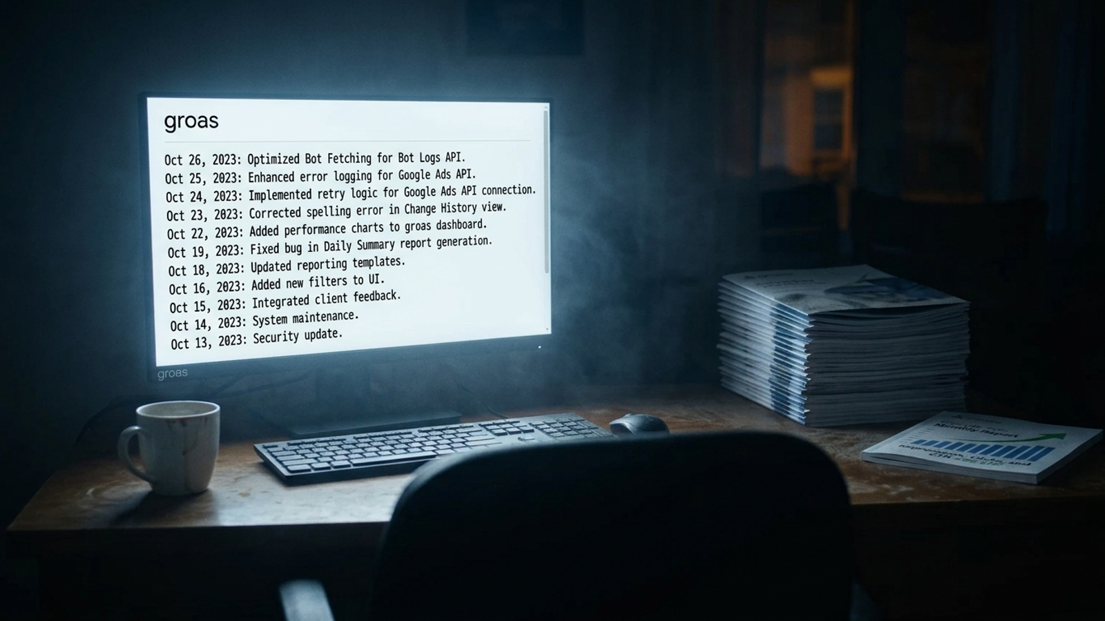 A dated changelog on a monitor beside product pages