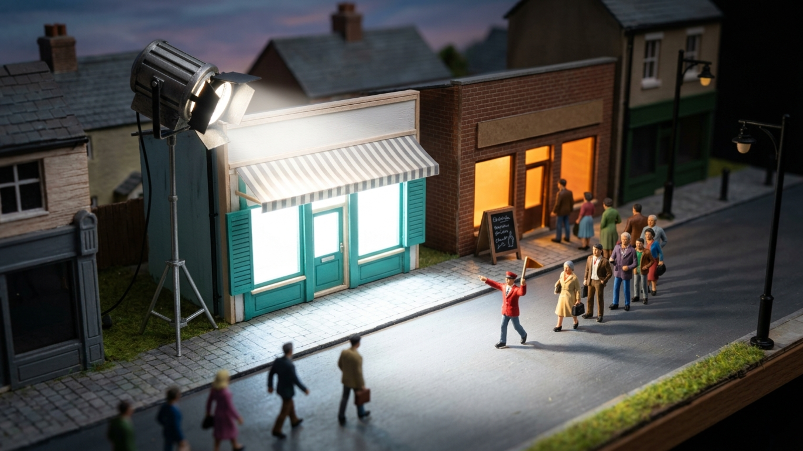 Model street where a shop glows under a huge spotlight yet stands empty, as a tiny tour guide leads every shopper to the shop next door.
