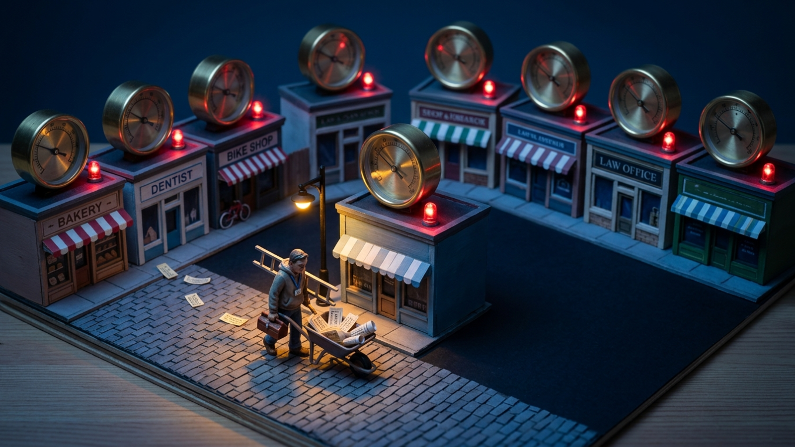 A miniature night town where twelve rooftop gauges flash red while one tiny worker hauls a ladder and a wheelbarrow of tickets to fix them all.