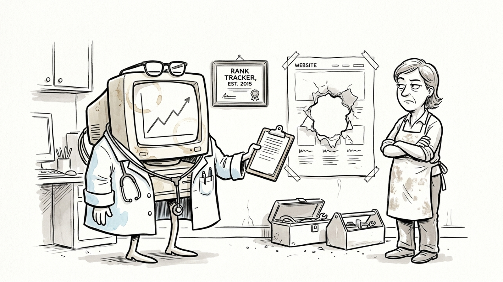 Cartoon of an old computer monitor in a lab coat and stethoscope gravely presenting a line chart to an unimpressed shop owner while the broken site goes unfixed