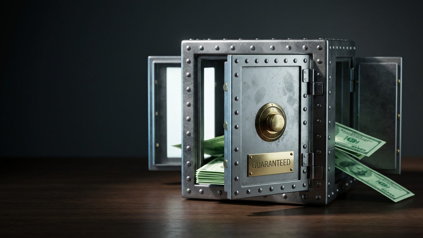 A steel safe engraved 'GUARANTEED' with every side's door hanging open, cash sliding out: a guarantee so full of exits it protects nothing.