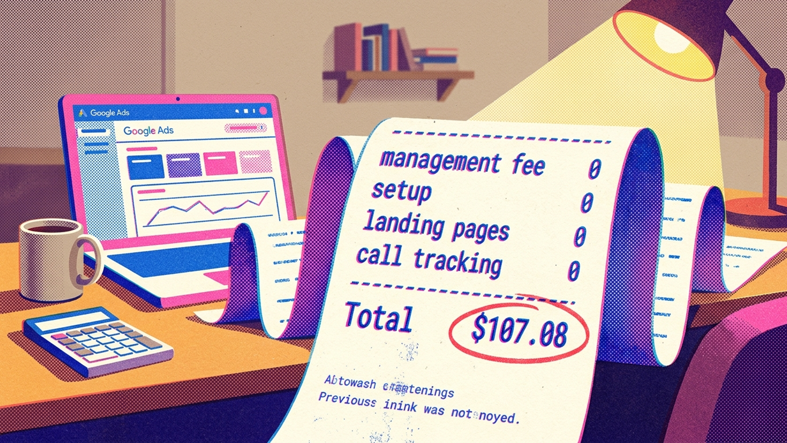 Bar-chart receipt showing setup, landing-page and tracking fees stacked on the management fee