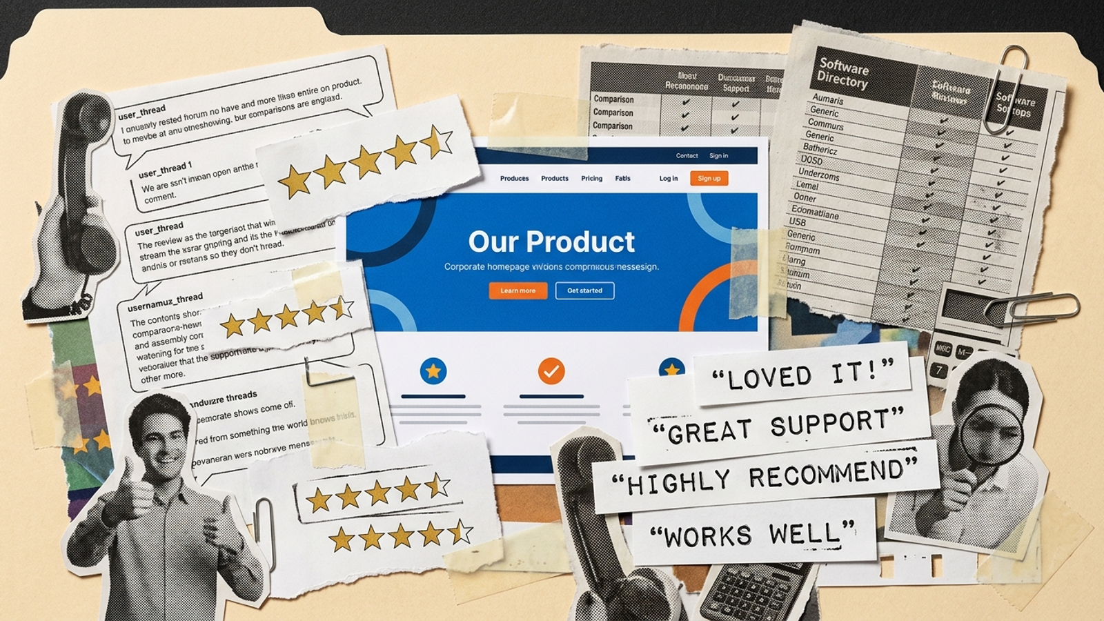 Analog collage of a brand website surrounded by review stars, forum snippets, and directory listings.