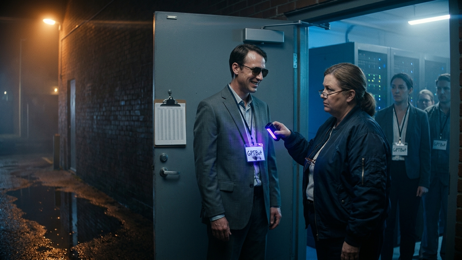 A doorman at a data centre door shines a UV lamp on a visitor's hand-drawn "GPTBot" badge, exposing a fake bot trying to get counted.