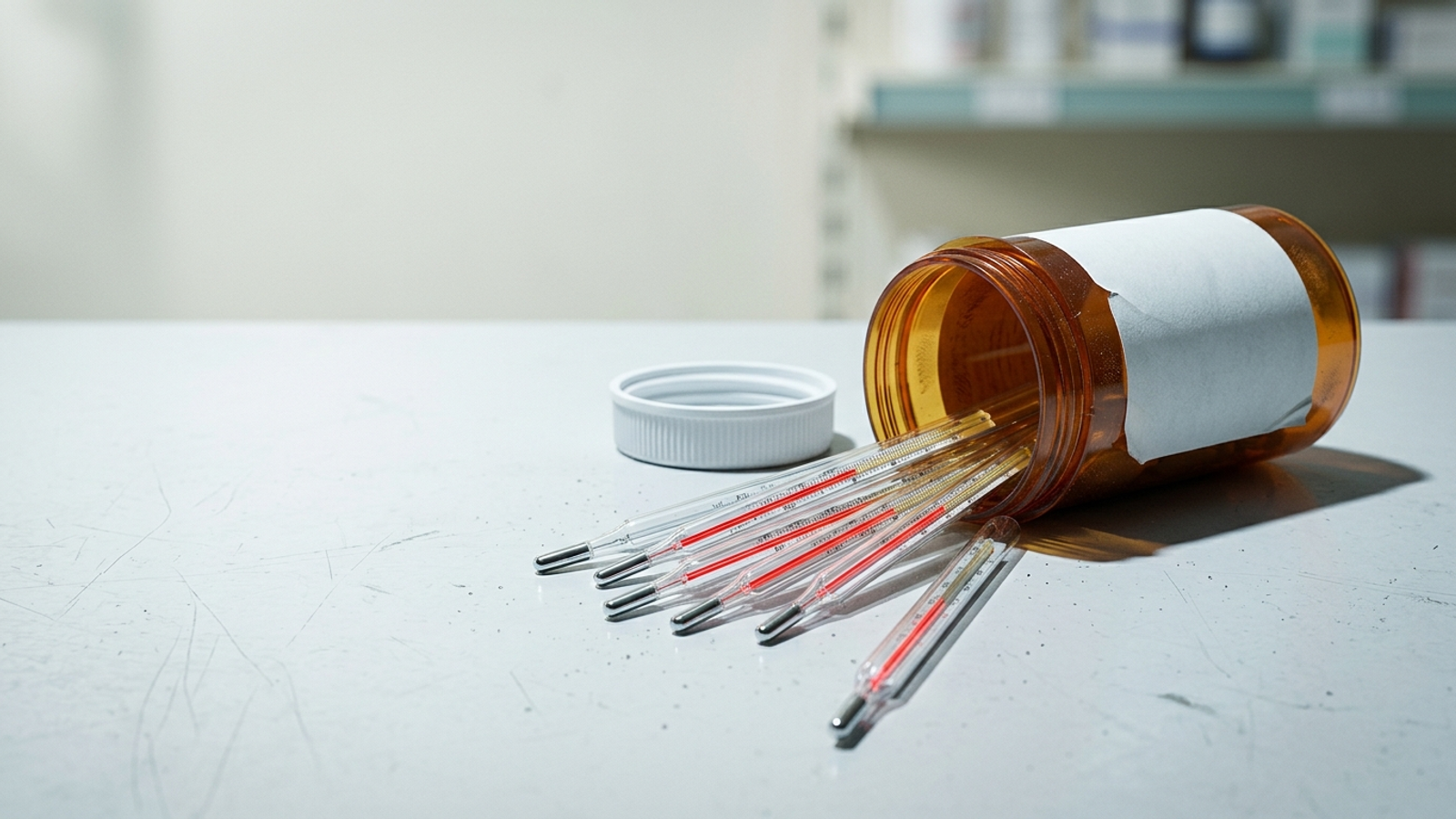 A tipped prescription bottle spills glass thermometers instead of pills: a measuring tool sold as if it were the cure.