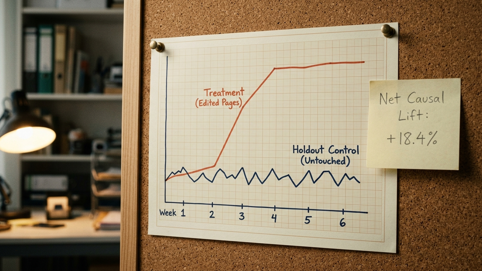 A graph-paper chart showing treatment and control citation curves diverging over six weeks, pinned to a corkboard.