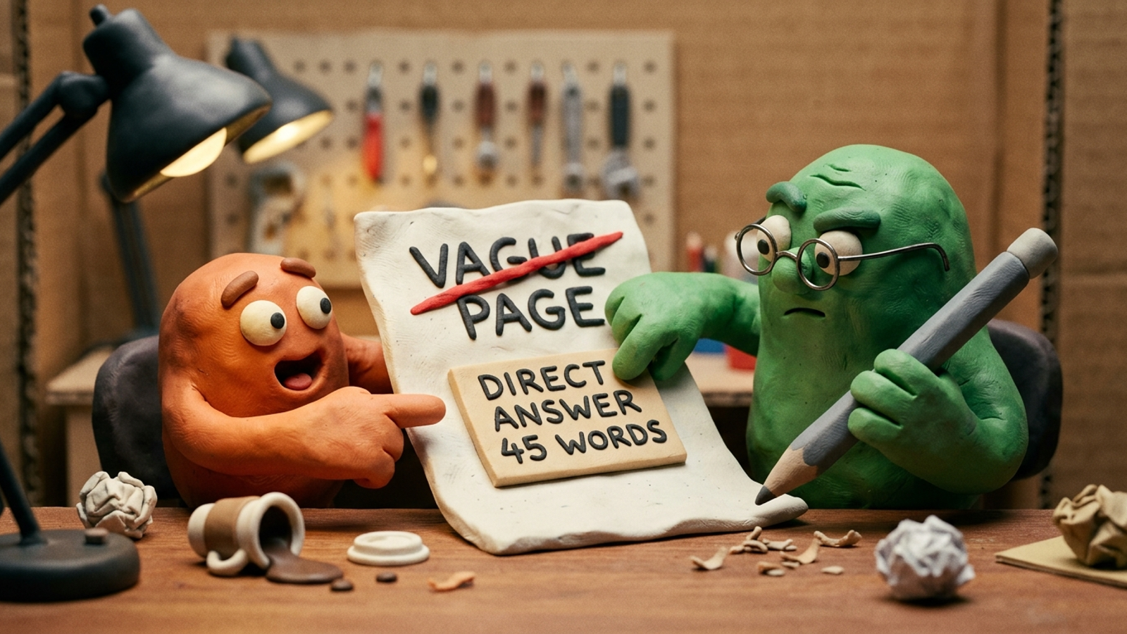 Clay figure rewriting a vague service page into a short direct answer while another figure watches