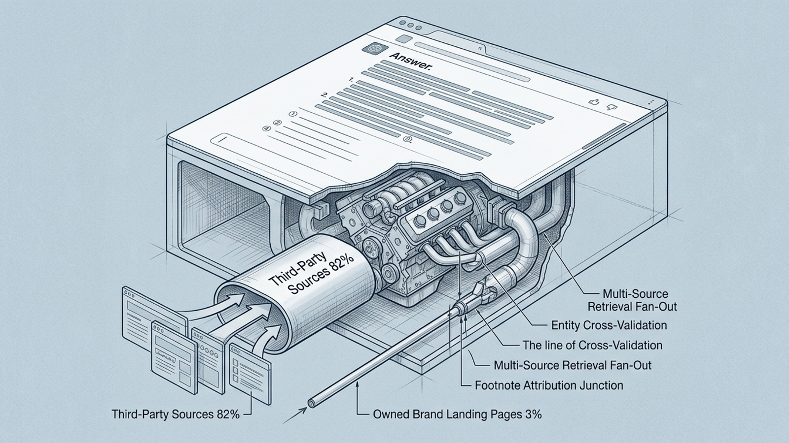Cutaway diagram showing third-party review and forum sites receiving 82% of commercial-intent AI citations, versus 3% for owned brand sites.