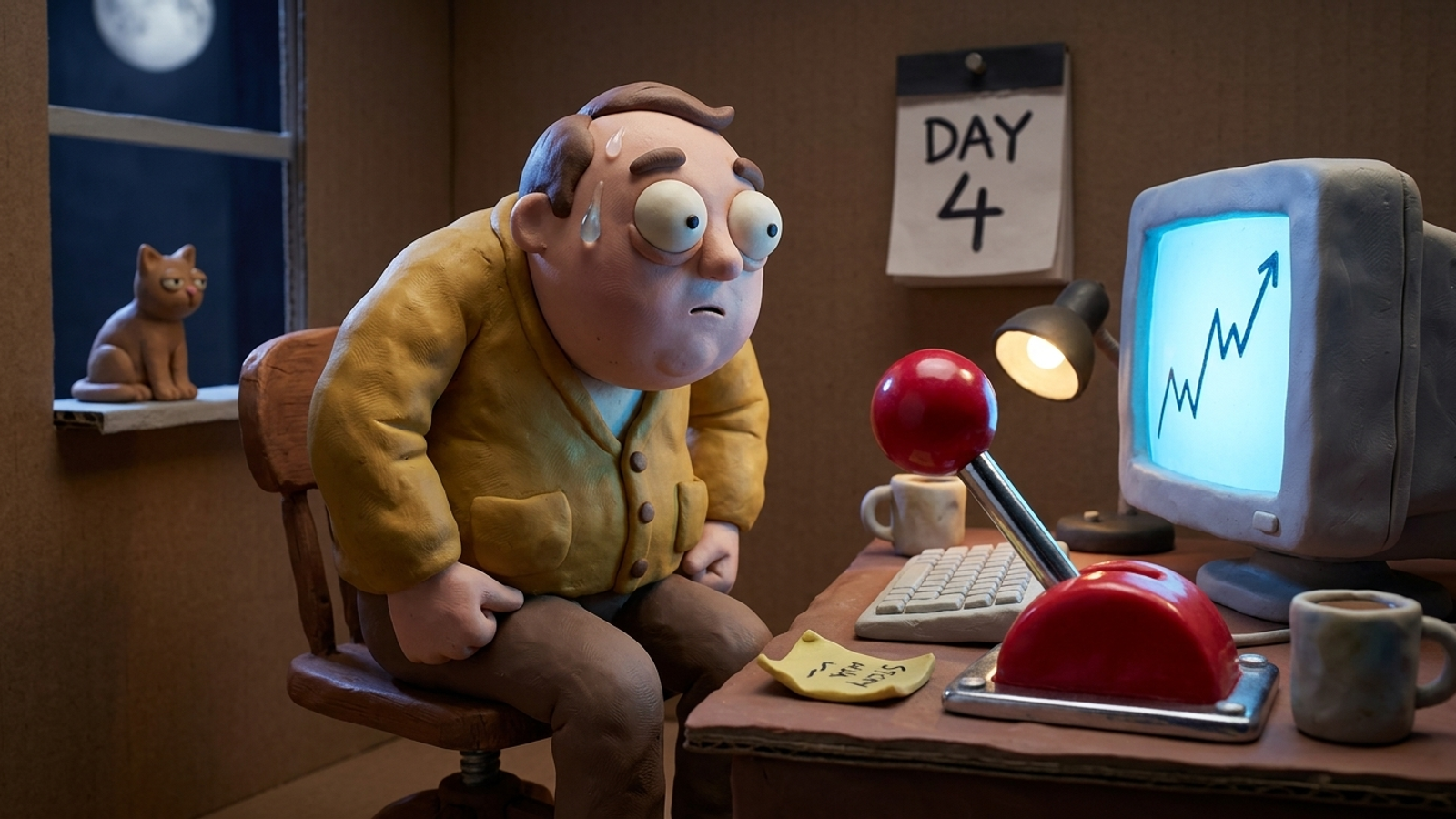 A clay marketer sits on his hands at 1 a.m., straining not to pull a big red lever as a calendar reads DAY 4, resisting the urge to tinker early.