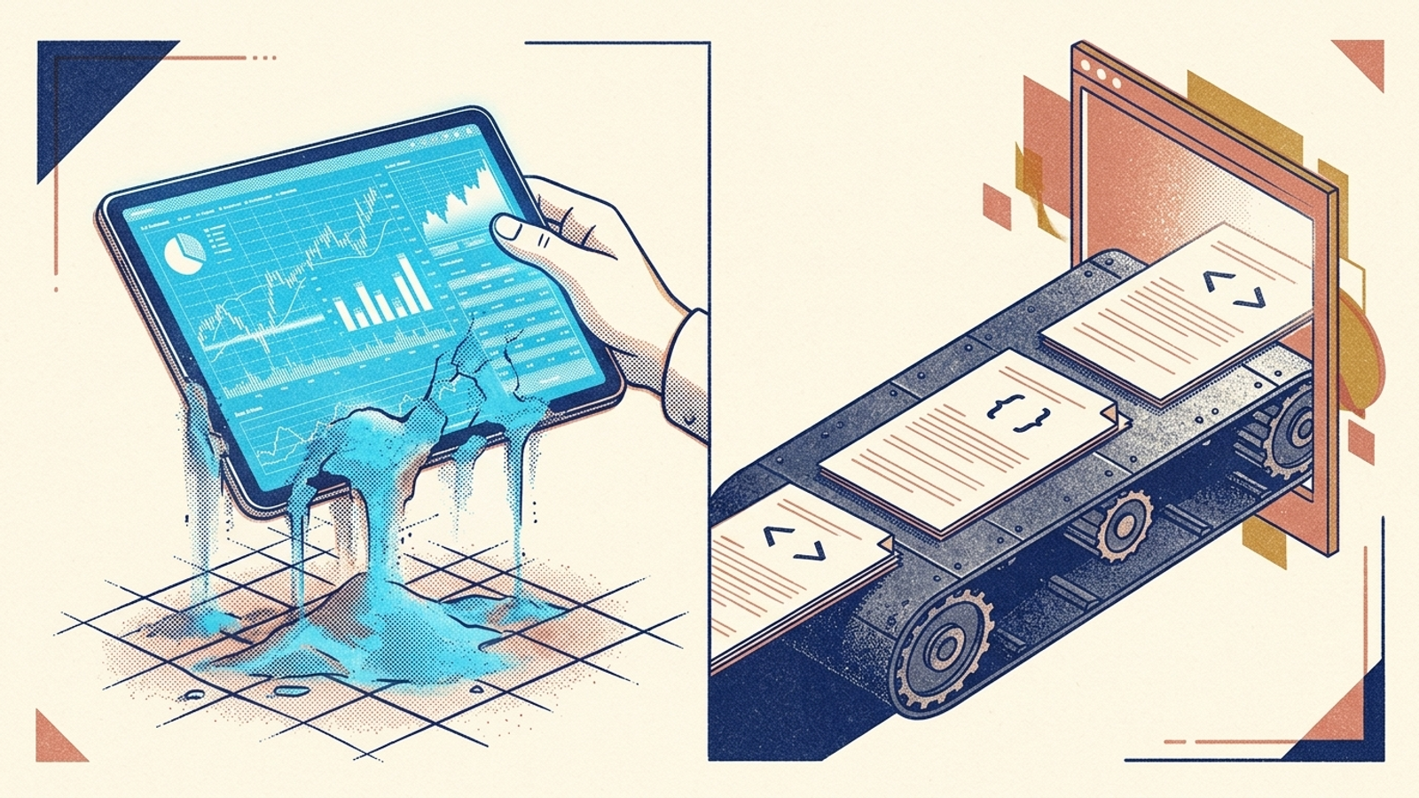 Illustration of an analytics dashboard crumbling beside a conveyor belt publishing web pages.