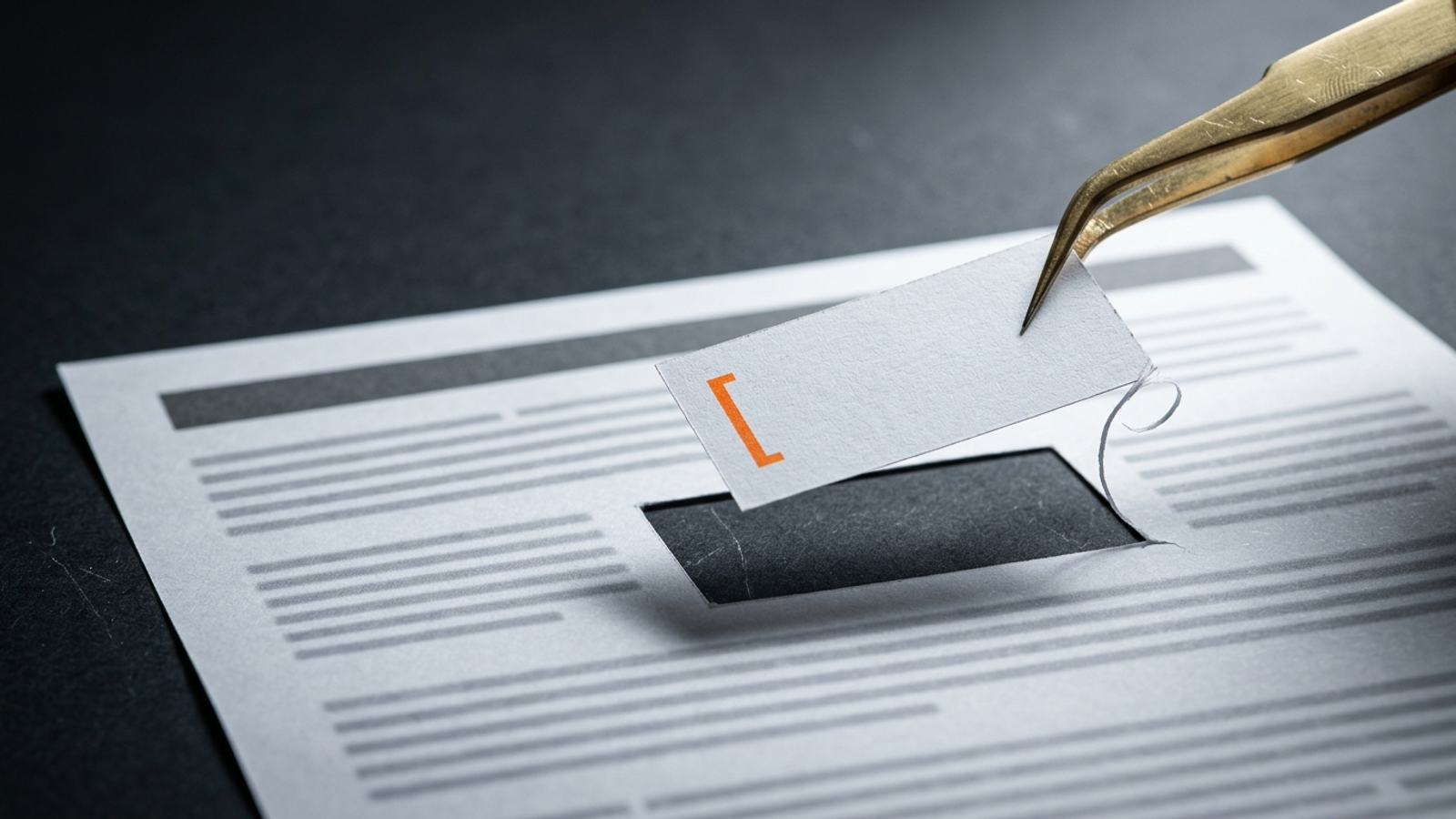 Brass tweezers lift one neatly cut paragraph out of a printed web page, leaving the rest behind, as AI search lifts single passages.