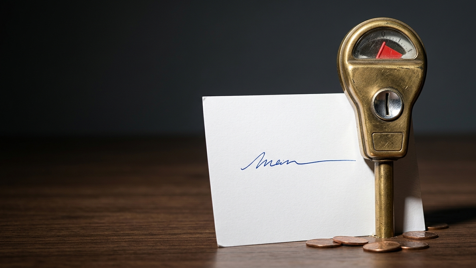 A white card with a single written answer has a brass parking meter driven through it, red flag raised: the free answer at the top now costs money.
