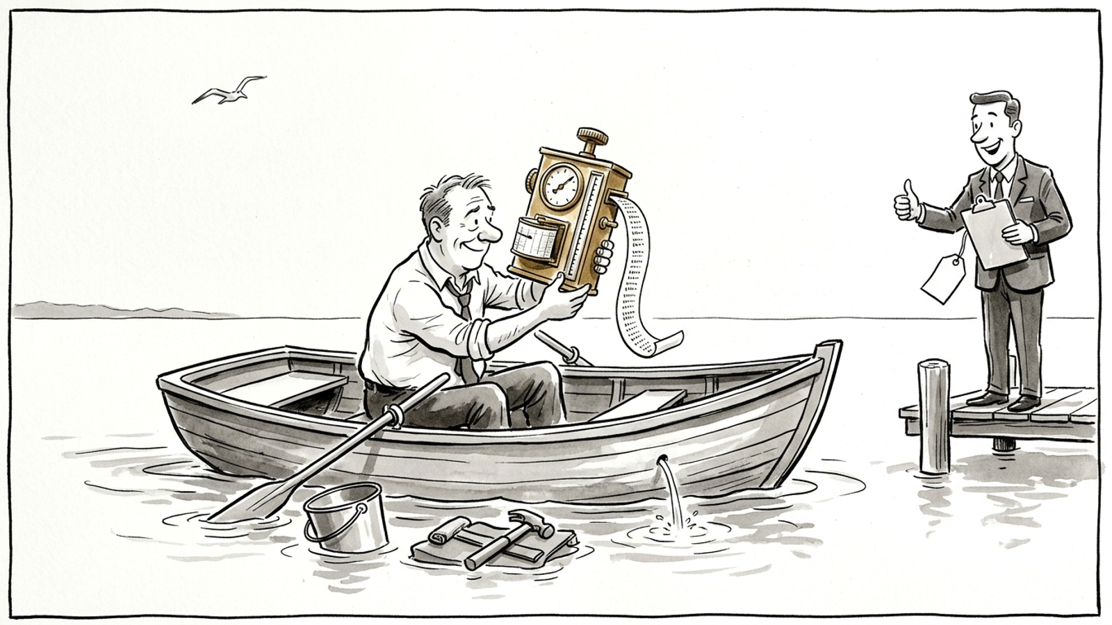 Cartoon of a man in a sinking rowboat admiring a fancy water-level gauge while ignoring the bucket at his feet, as a salesman gives a thumbs-up.