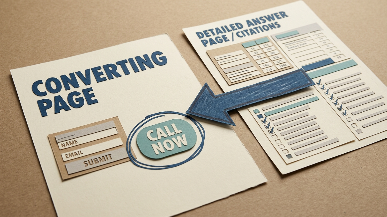 A lean landing page beside a detailed answer page that links into it