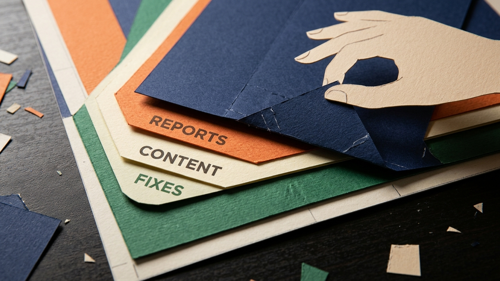 Paper-craft layers showing a logo-only white-label report beside a full delivery stack