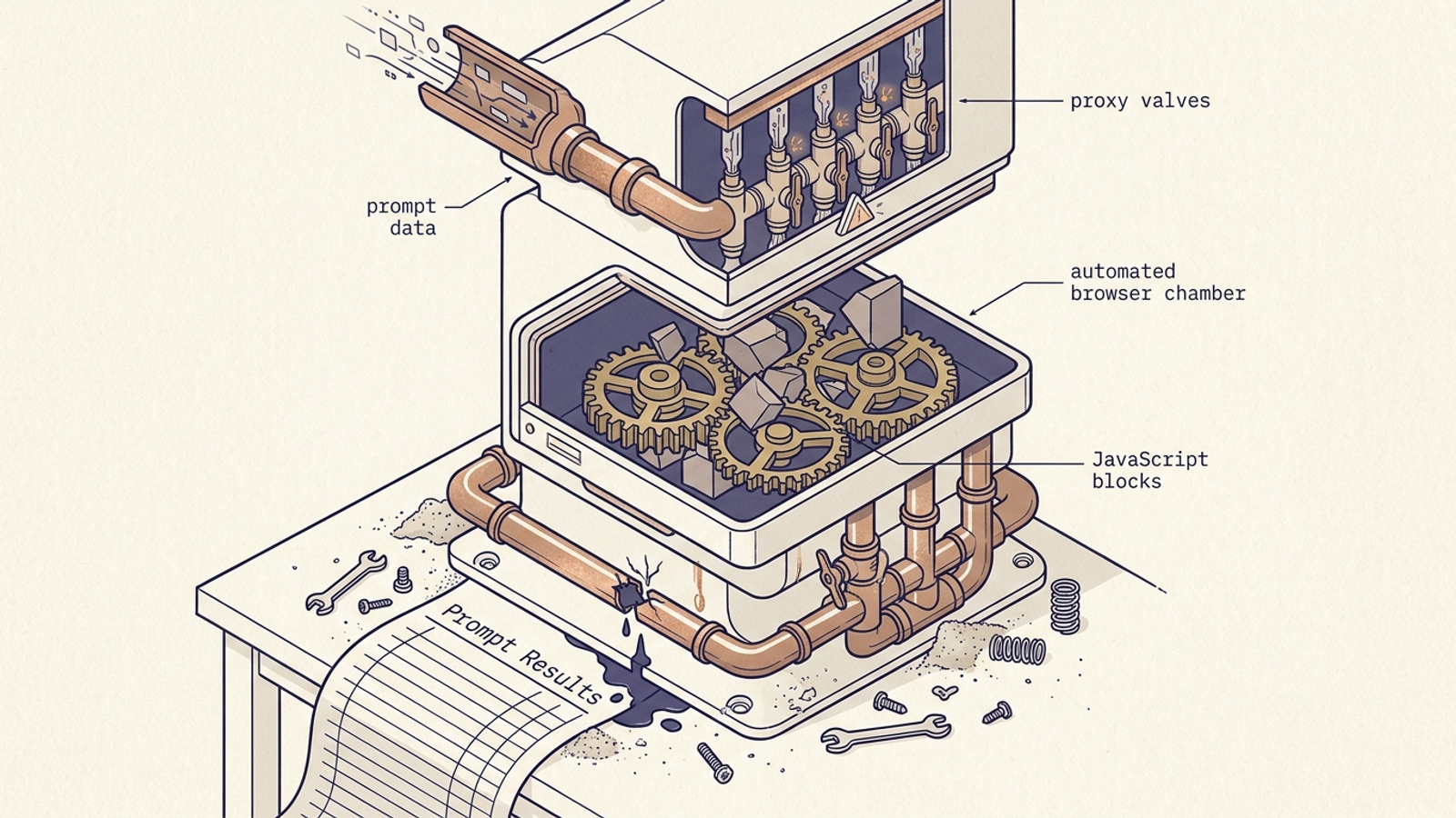 Exploded diagram of a DIY AI monitoring rig with proxy switches and a browser mechanism.