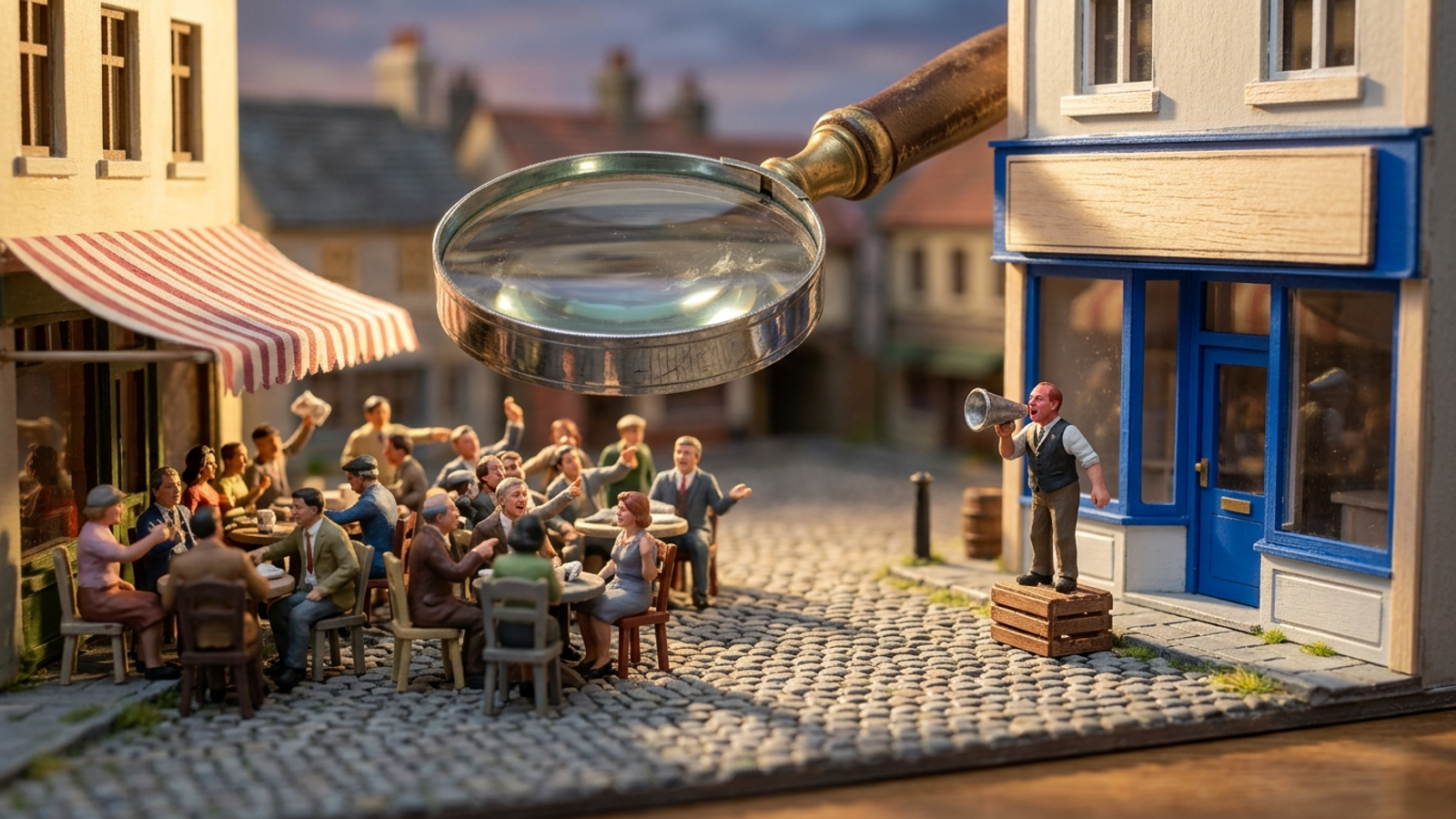 A tiny shopkeeper shouts through a megaphone outside his own shop while a giant magnifying glass examines the crowd gossiping about him across the square.