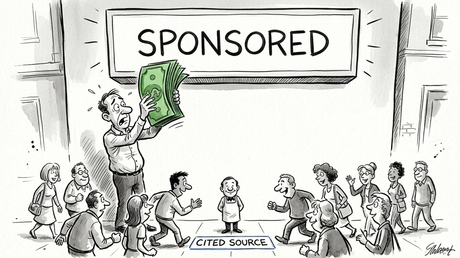 Ink cartoon of an advertiser paying for the top slot while the answer cites a competitor below