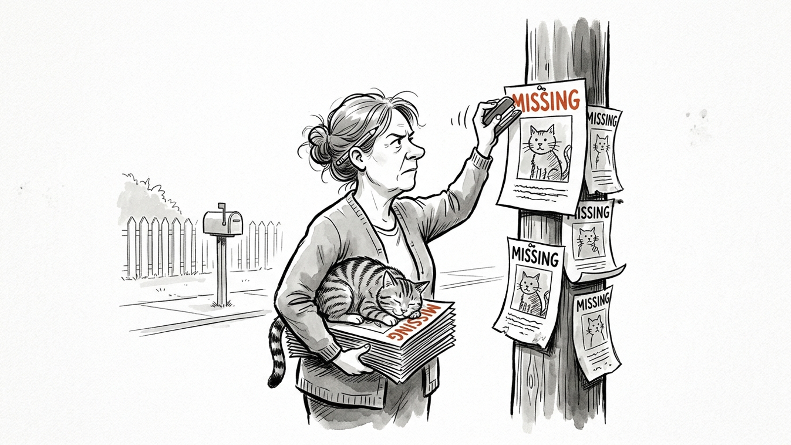A woman staples 'MISSING' cat posters to a lamppost while the cat sleeps on the poster stack under her arm — what's missing was hers all along.