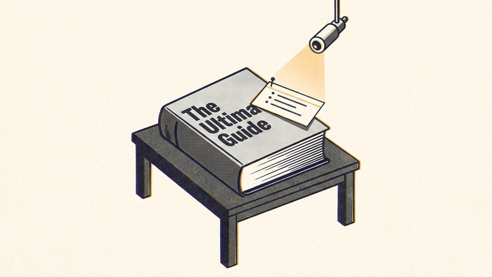 An oversized leather-bound guide sitting bypassed on a desk while a mechanical scanner reads only a concise index card pinned to its front cover.