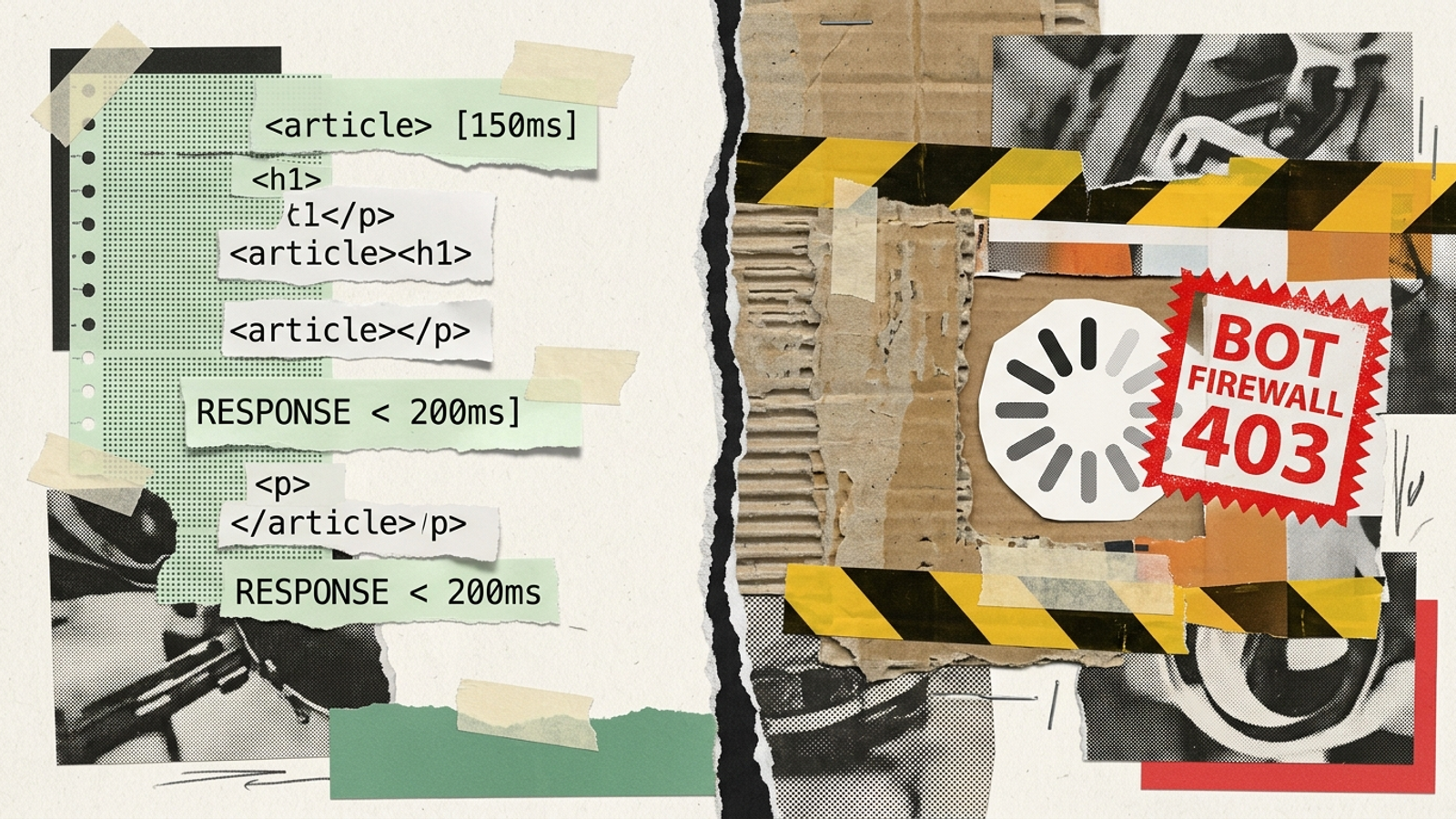 Clean raw HTML contrasts with a stalled JavaScript spinner and a firewall.