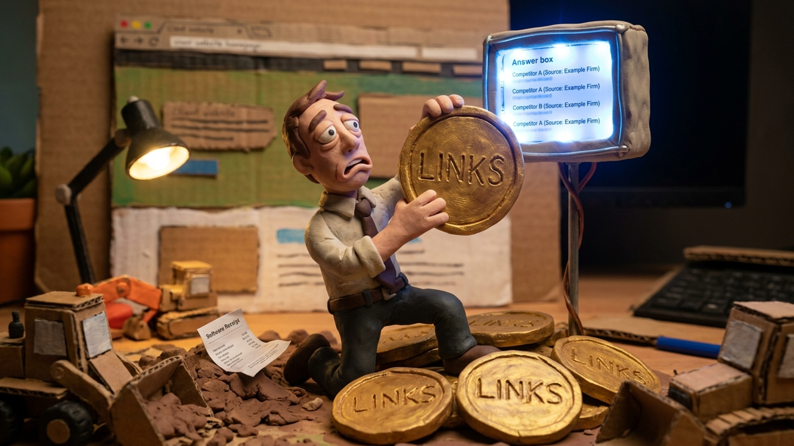 Clay figure buried under coins labeled links beside a small software receipt