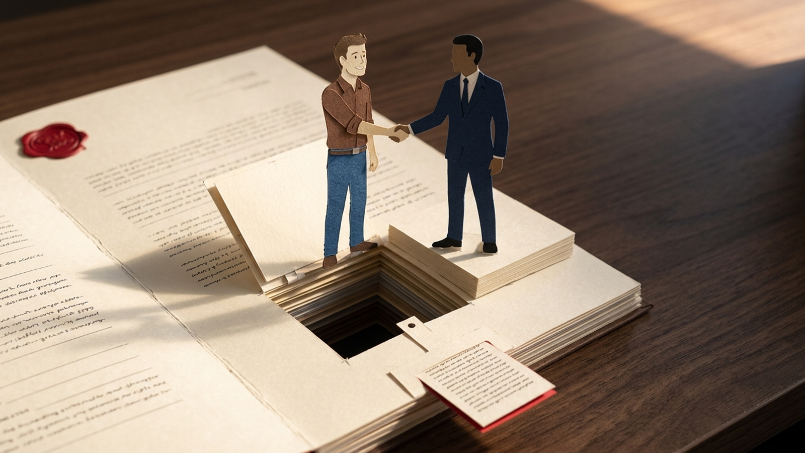 A pop-up contract where a founder and an agency rep shake hands as a fine-print pull-tab opens a trapdoor under only the founder's feet.
