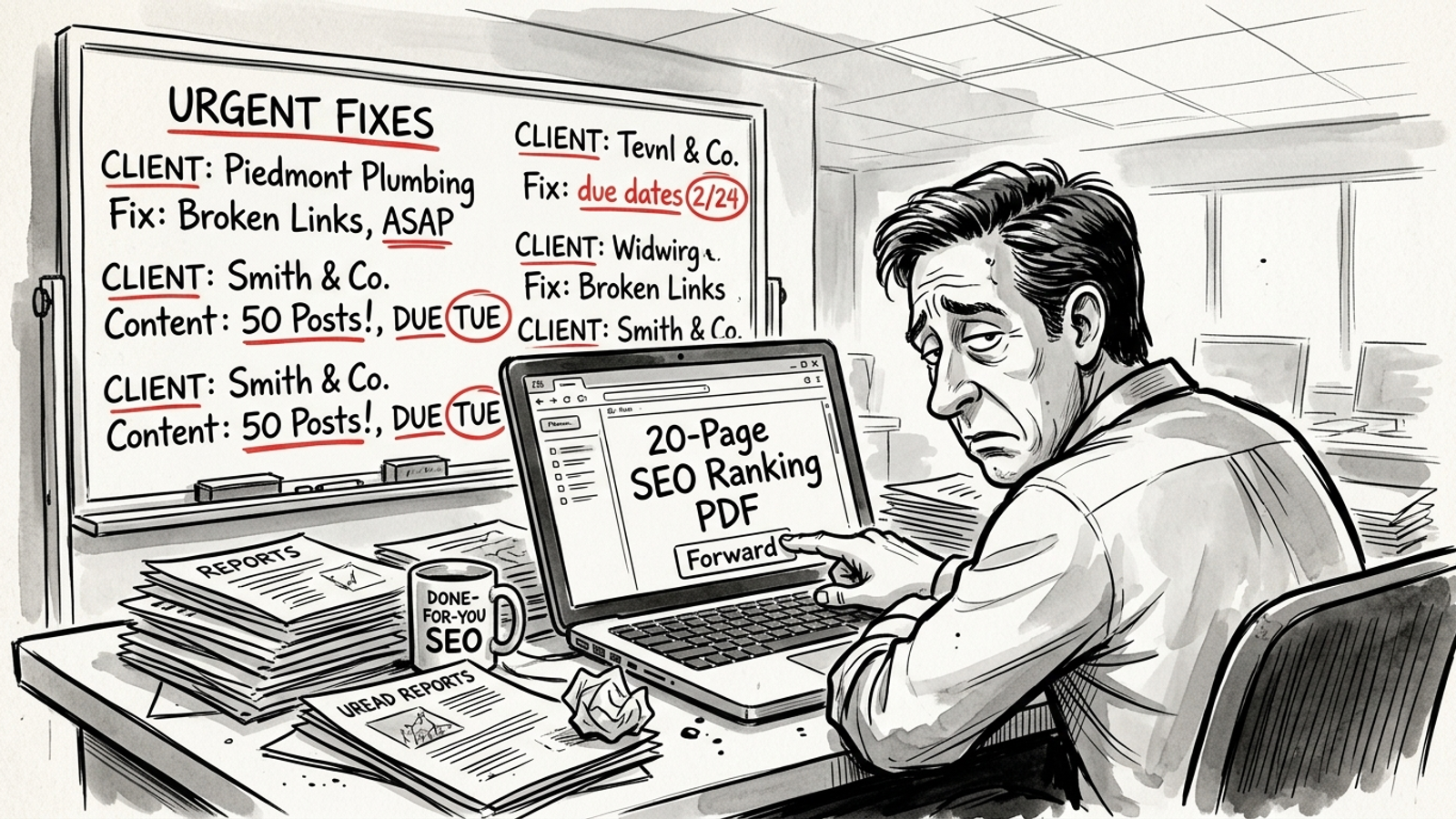Agency owner forwarding an unread PDF report while client tasks pile up