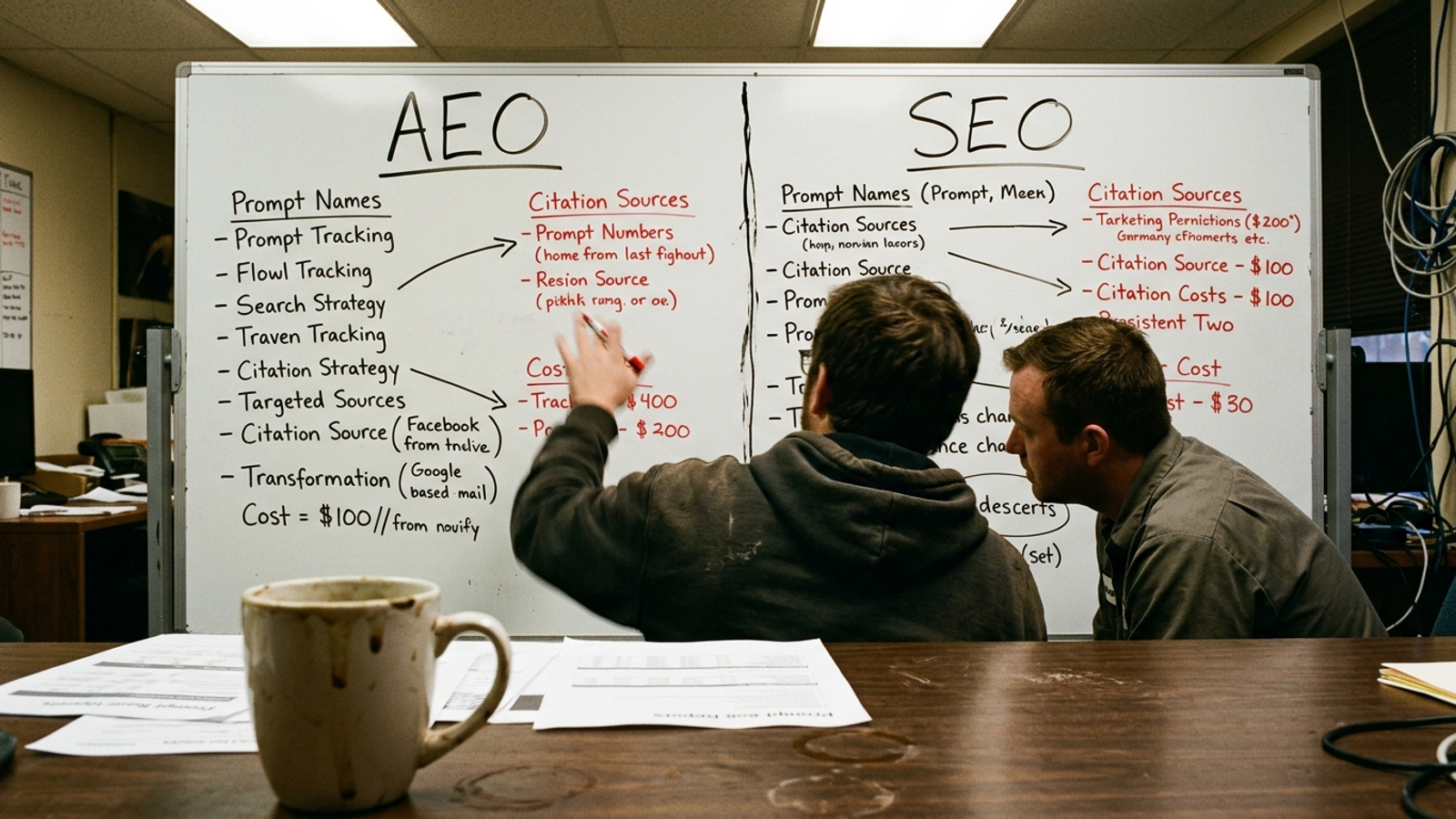 Whiteboard comparing a separate AEO retainer with AEO folded into SEO pricing