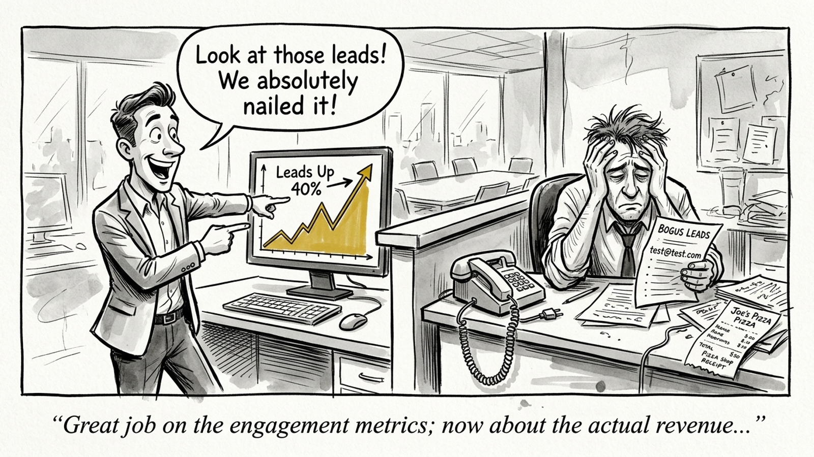 Ink cartoon of lead spikes on a marketing dashboard beside a silent sales office.